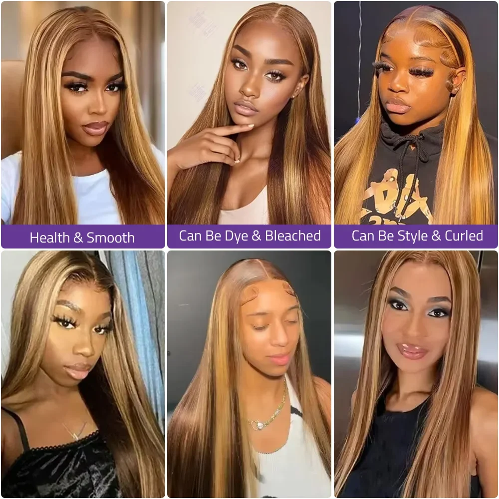 Resaltar P4/27 peluca recta 100% cabello humano 13x4 13x6 HD peluca Frontal de encaje transparente 200% densidad 46 pulgadas cabello brasileño para mujeres