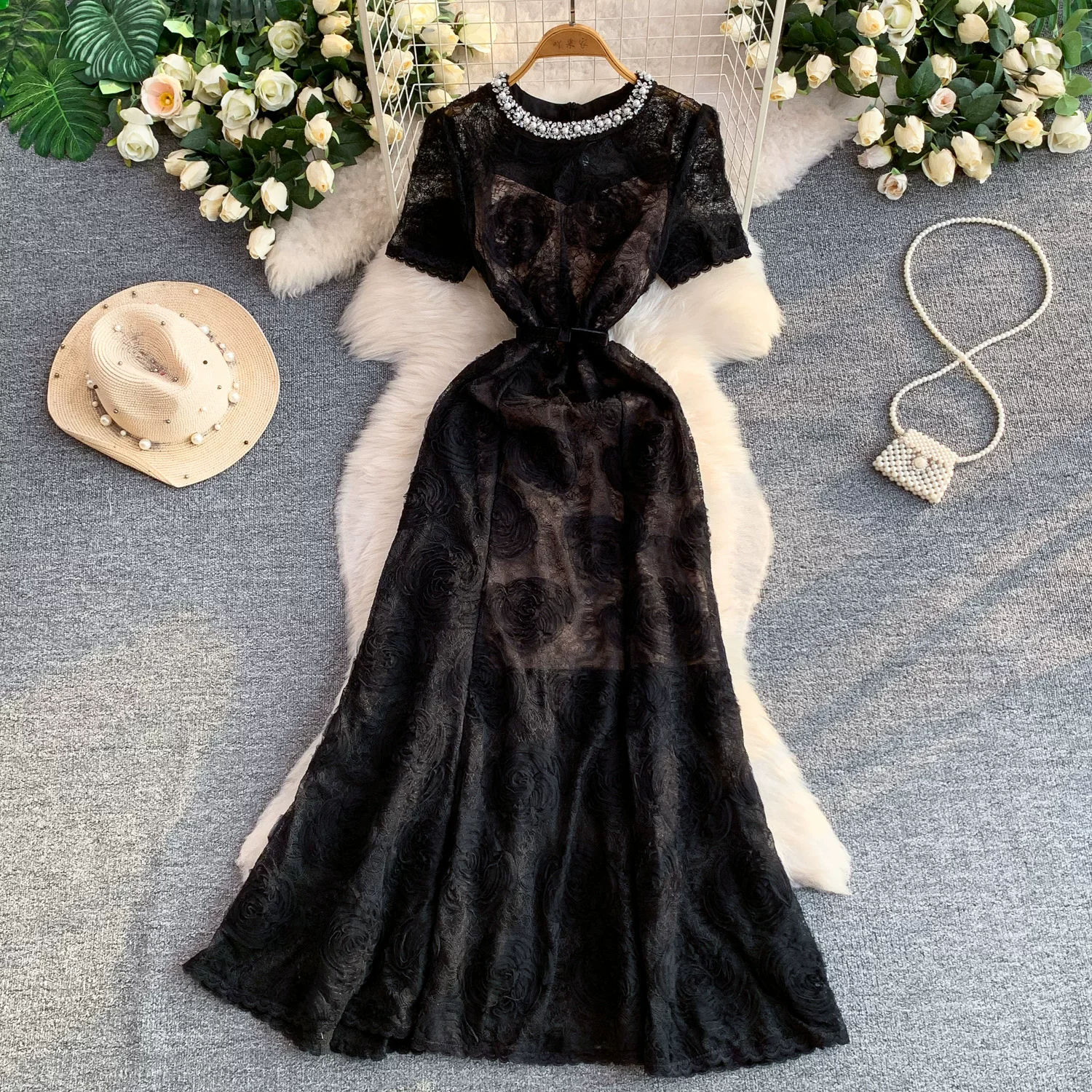 

Elegant Luxury Short Sleeve Evening Dress Pearl Embroidery Hollow out Midi Long Lace Women's Dress Crystal Beaded Summer Formal