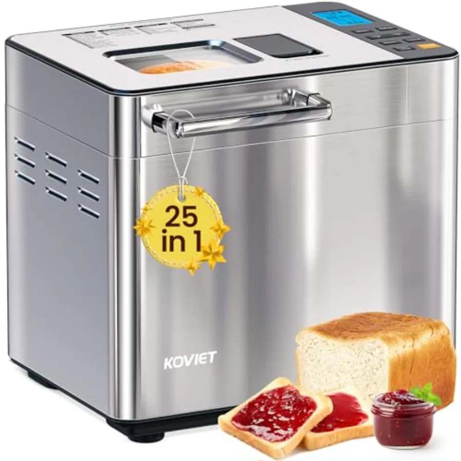 

25-in-1 Bread Maker Machine with Automatic Dual Dispenser 2LB Stainless Steel Breadmaker with Gluten-Free Dough Jam Yogurt Sett