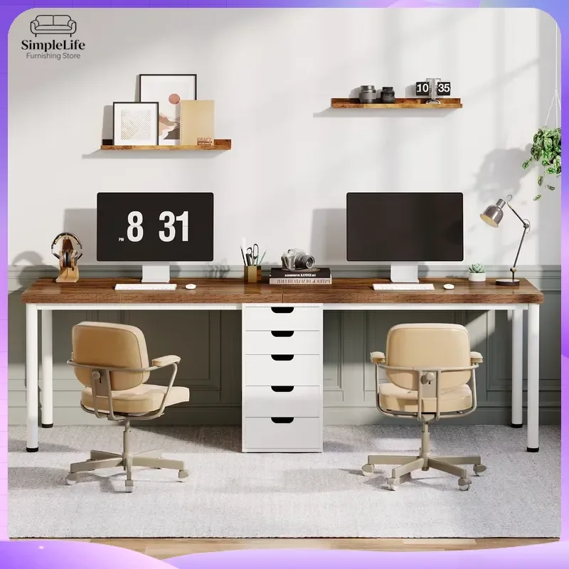 Two Person Computer Desk with 5 Drawers Study Writing Table Workstation Modern Simple Double Desk for Home Office
