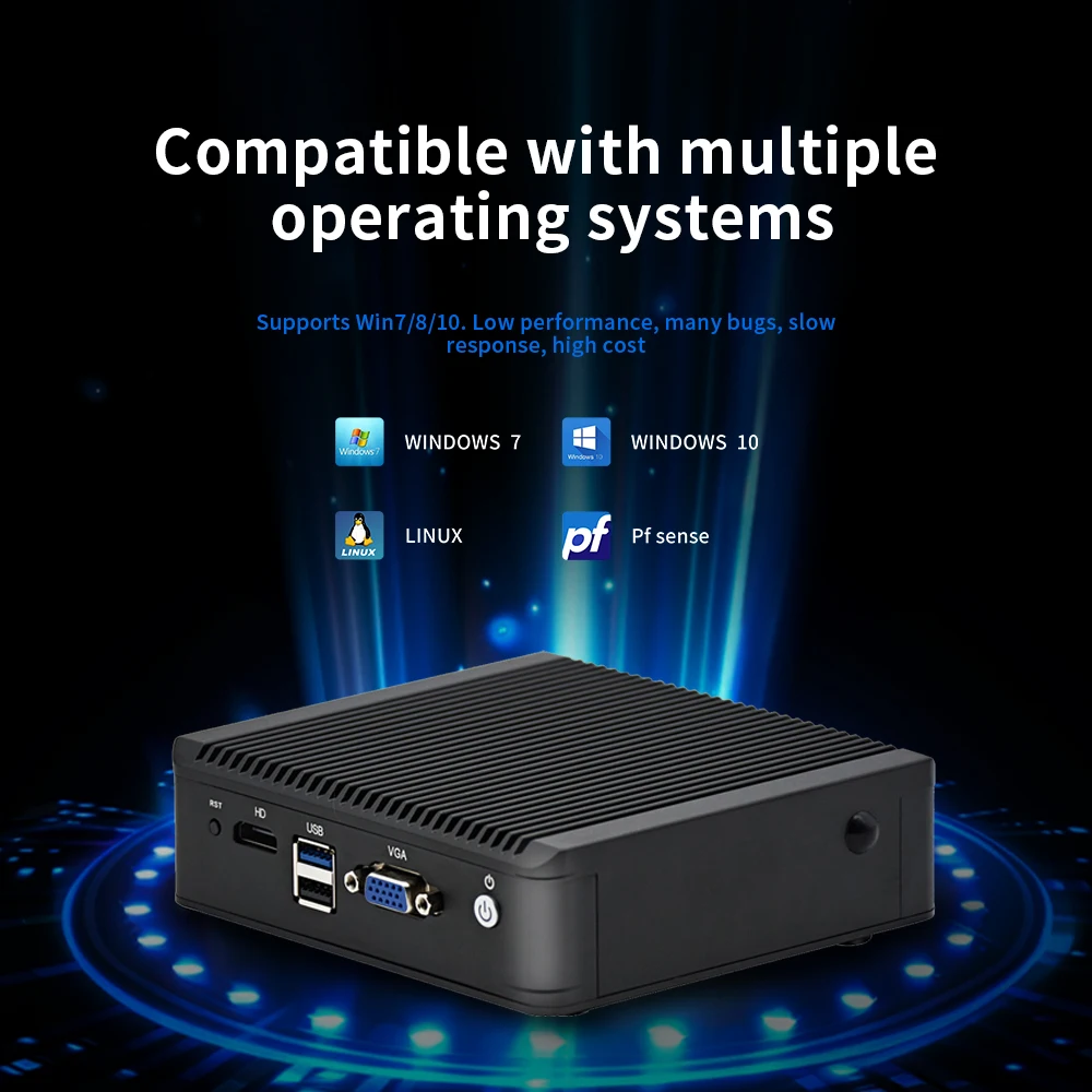 Mini PC industriale senza ventola Chatreey Intel N2840 MR03 Computer desktop Win 10 Pro con 4 * Intel LAN i225, 1 COM, 2 USB per Linux