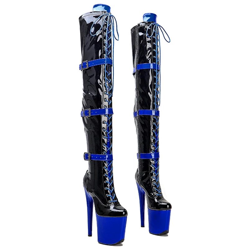 

Leecabe 20CM/8inches Patent Upper Women Fashion High Heel Platform Lace up And Buckle Strap Thigh High Boots Pole Dance Boots