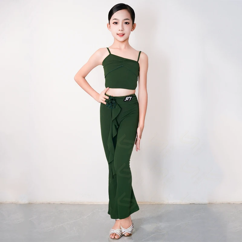 

New Kids Ballroom Dance Training Suits For Girls Green Latin Dance Professional Clothes Children Latin Dance Costume XS10313