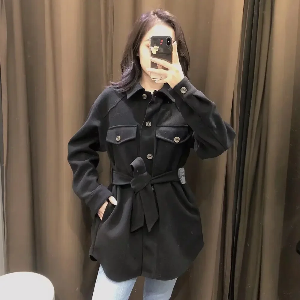 Women\'s 2024 new Fashion With belt loose single breasted shirt style warm woolen coat retro long sleeved women\'s coat chic top