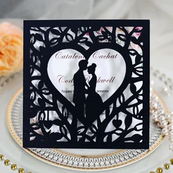 10 pieces Laser Cut Square Black Wedding Invitation Card, Lovers In Heart Postcard Engagement Marriage Invitations IC054
