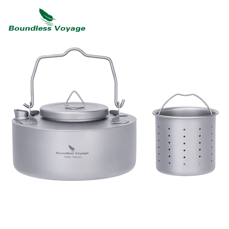 

Однослойный титановый походный чайник Boundless Voyage со складной ручкой, 700 мл, прочный чайник для бушкрафта, чайник с открытым огнем