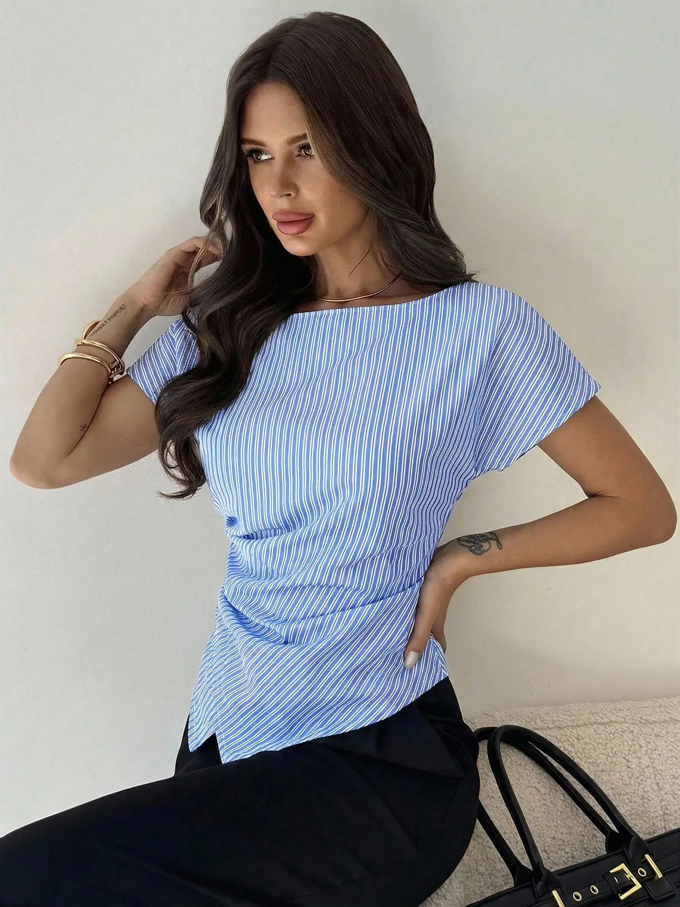 

Casual Elegant Striped Asymmetric Hem Blouse For Women