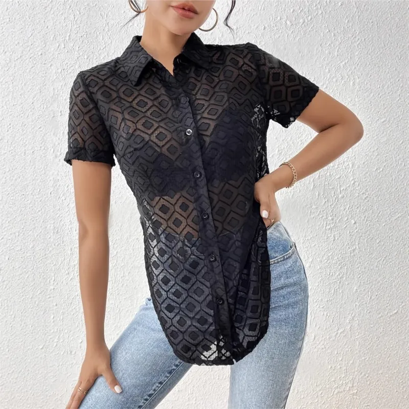 Nouvelle chemise à manches courtes fendue en mousseline de soie jacquard à la mode pour femmes