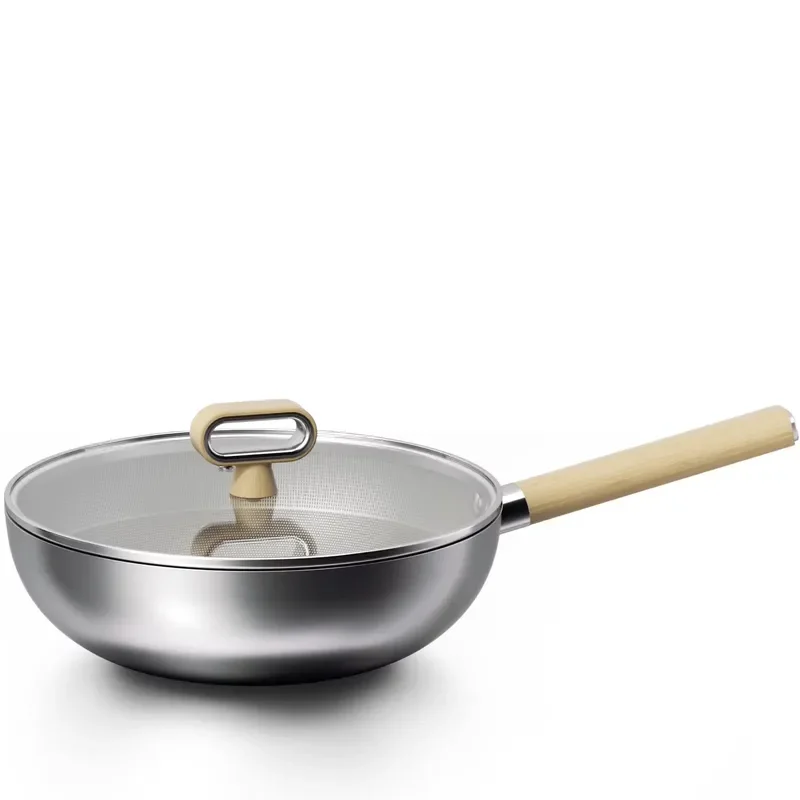 304 Stainless Steel Multi Layer Non Stick Wok with Long Handle Induction Compatible Low Smoke Glass Lid Eco Friendly Cookware