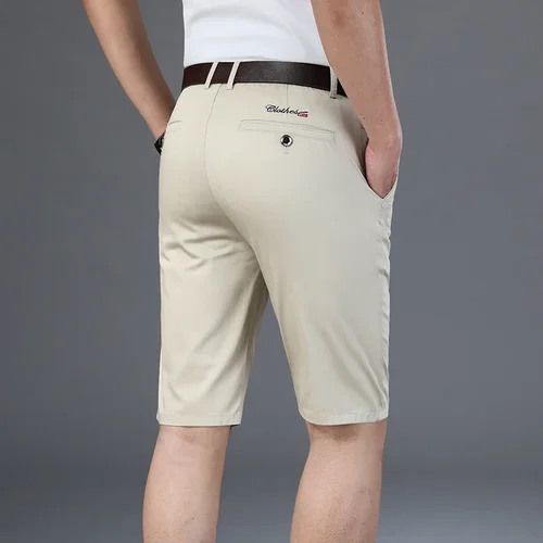 Pantalones cortos informales en 6 colores para hombre, novedad de verano, moda de negocios, pantalones cortos finos elásticos rectos, ropa masculina de alta calidad, color caqui y Beige