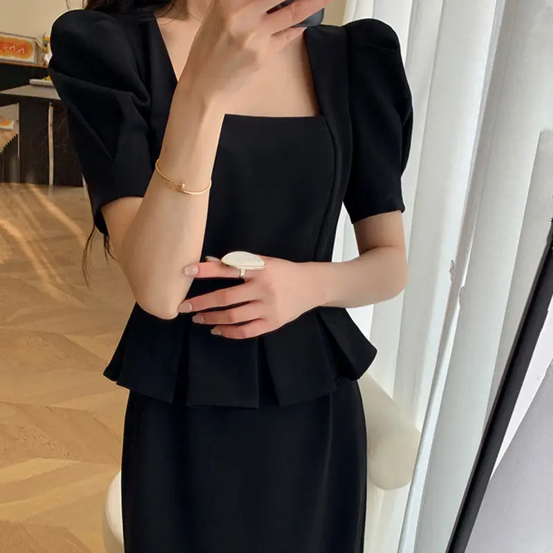 Summer New Women Large Size Corset Hepburn Style Fake Two Pieces Square Neck Short Sleeve Solid Color Light Ripening Long Dress