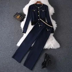 Fashion Top Knitted Wide Leg Pants 1 or Two Piece Set Women's Autumn Winter Graceful Dark Blue Sweater Cardigan Trousers Outfits