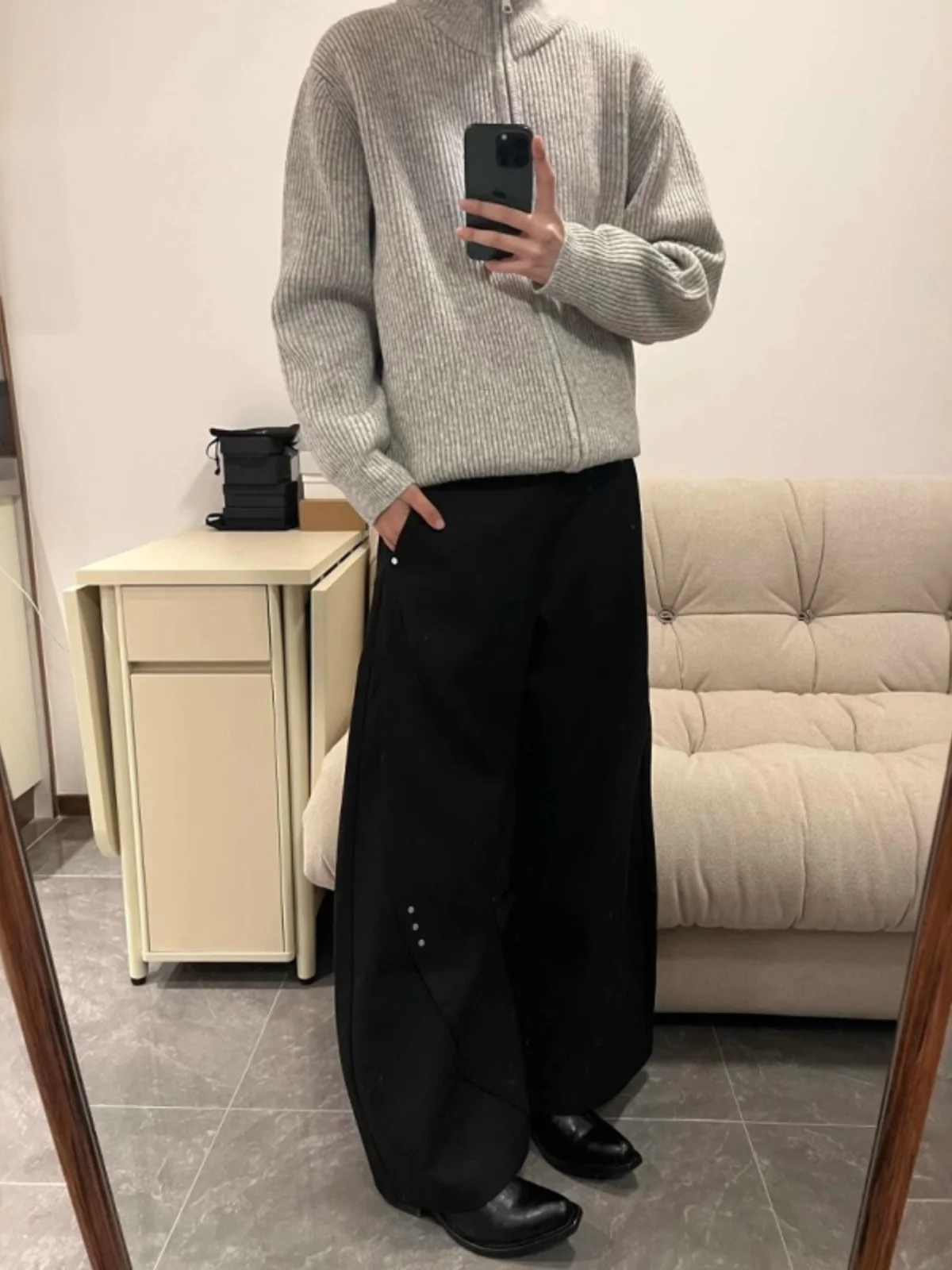 American Style Retro Rivet Splicing Solid Color Curved Pants Men's 2025 Spring New Loose Comfort Trousers Men's Casual Trousers