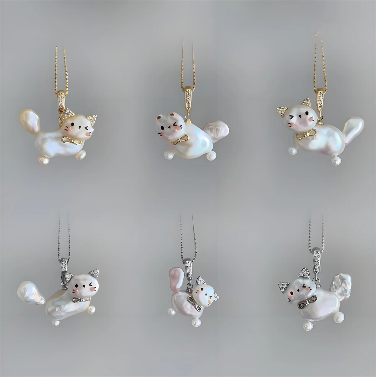 Niedliche Barock-Perlen Katzen-Anhänger Halskette Kawaii Tier Schleife Kätzchen Halskette Damen Mode Schmuck Geschenk – Detail 2
