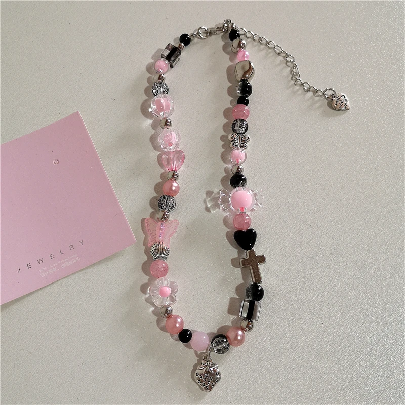 Kpop Goth Pink Cute Bowknot Love Cross Strawberry Bead Necklace Neck Decoration Grunge Y2k EMO 2000s Aesthetic Scene Accessories