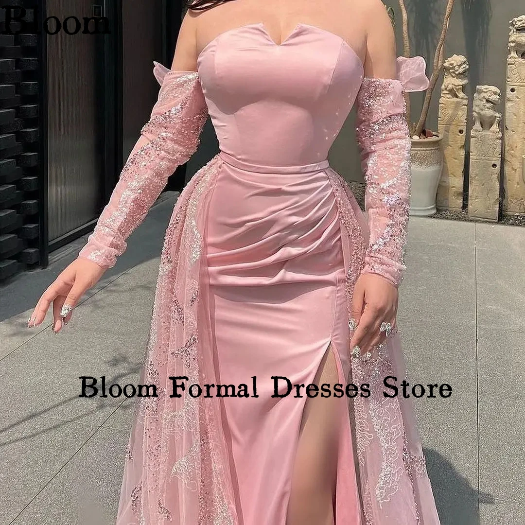 Bloom Customized Sequin Prom Dresses Side Split Oversleeves Formal Luxury Evening Dresses Wedding Party Gown vestidos de gala