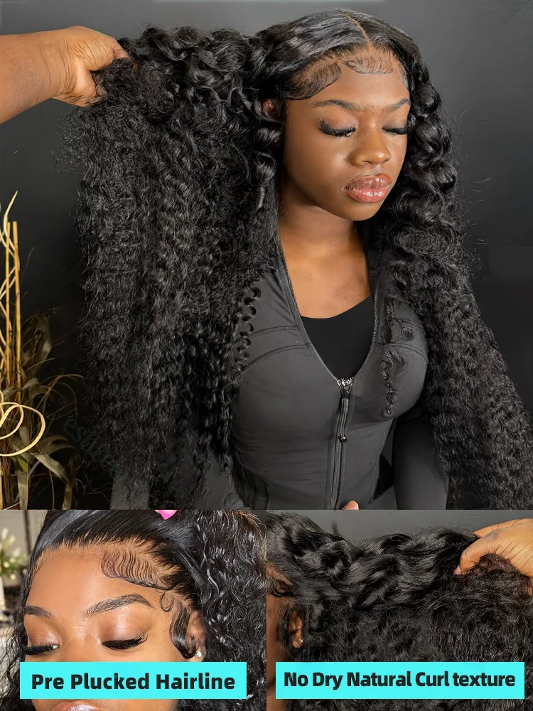 250 High Density 100 Human Hair Kinky Curly Wigs 30 40 Inch Black Hd Lace Frontal Wig Pre Plucked Front 13x6 Deep Water Wave