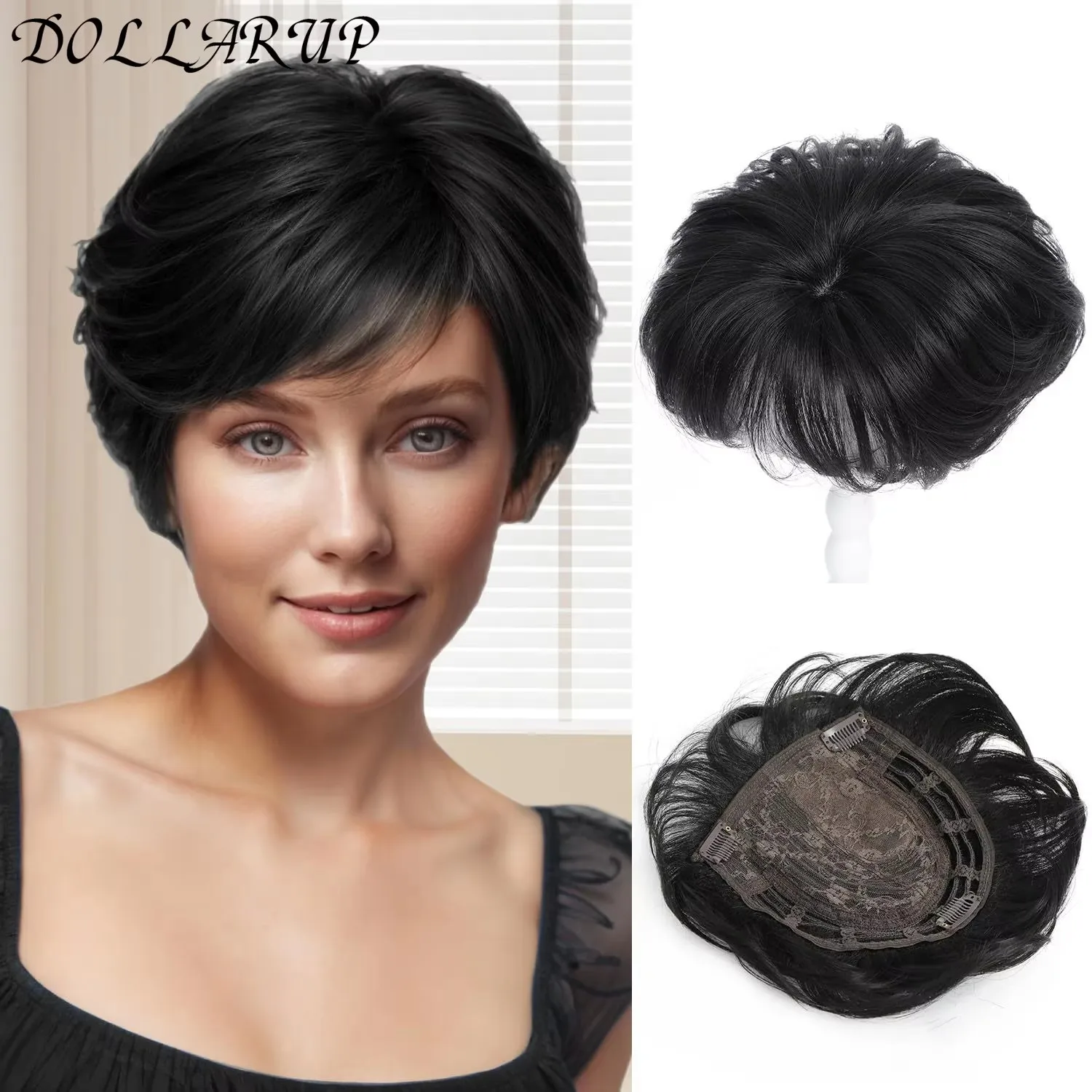 Women's Short Hair Topper Fluffy Synthetic Hairpin Top Wavy Hair Piece Brown With Highlights Replacement Wig