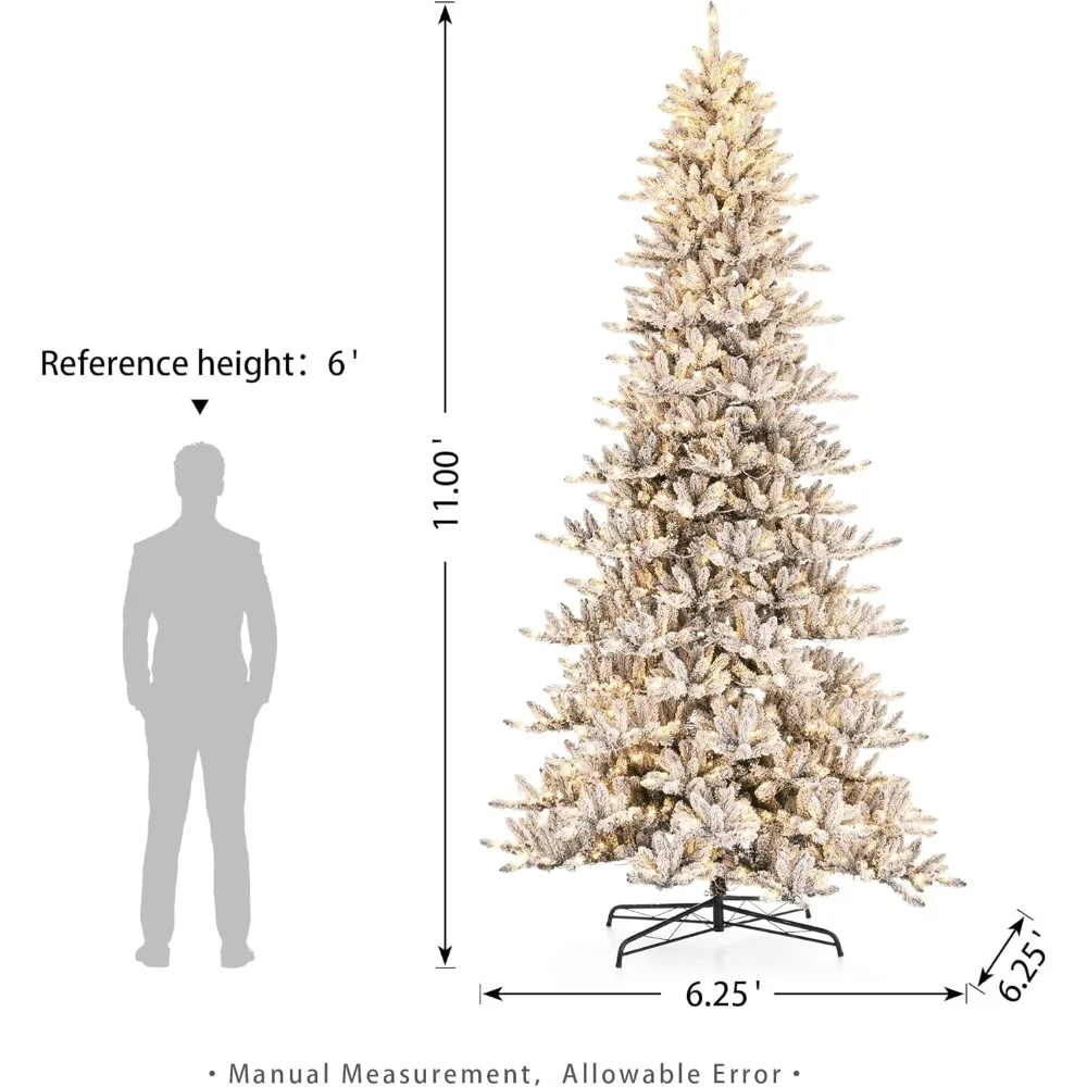 11FT Christmas Tree with 950 Warm White Lights, Metal Stand-Covered Some Glitter, Pre-Lit Flocked Fir Artificial Christmas Tree