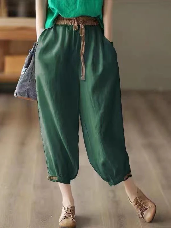 

Vintage Green Home Capri Pants for Women 2024 Autumn Lace Up Soft Cotton Bloomers Baggy Harem Trousers Loose Women's Joggers