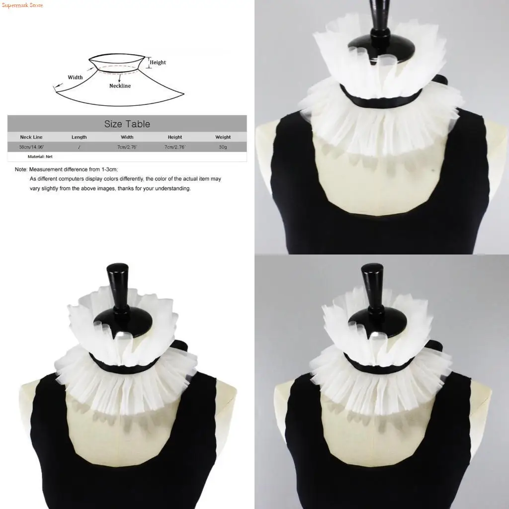 Q5WE Women Victorian Vintage Mesh Ruffled Stand False Fake Collar Lace-Up Ribbon Bowknot Steampumk Neck Ruff Elizabethan Cosplay
