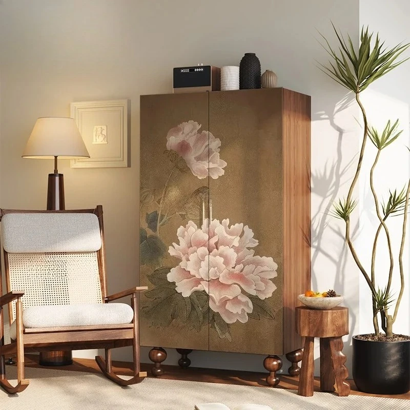 Chinese classical peony flower wardrobe room bed end hanging wardrobe entrance entrance vertical cabinet living room sofa side d