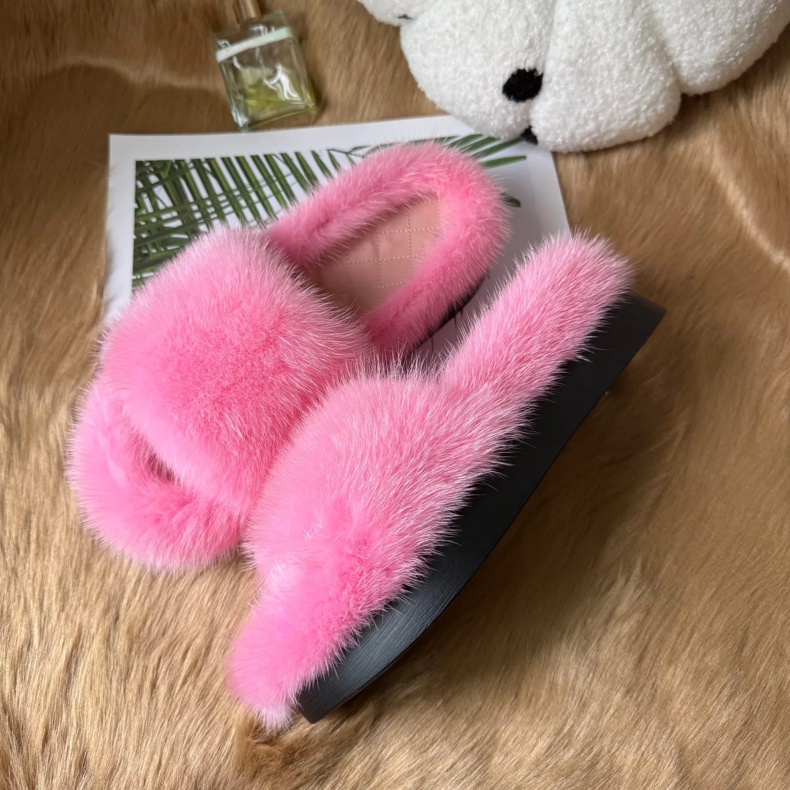 Dicke, warme Hausschuhe aus echtem Nerzfell für Damen, flauschige Pantoffeln, luxuriöse, warme Plüschfell-Schuhe für den Winter. – Detail 17
