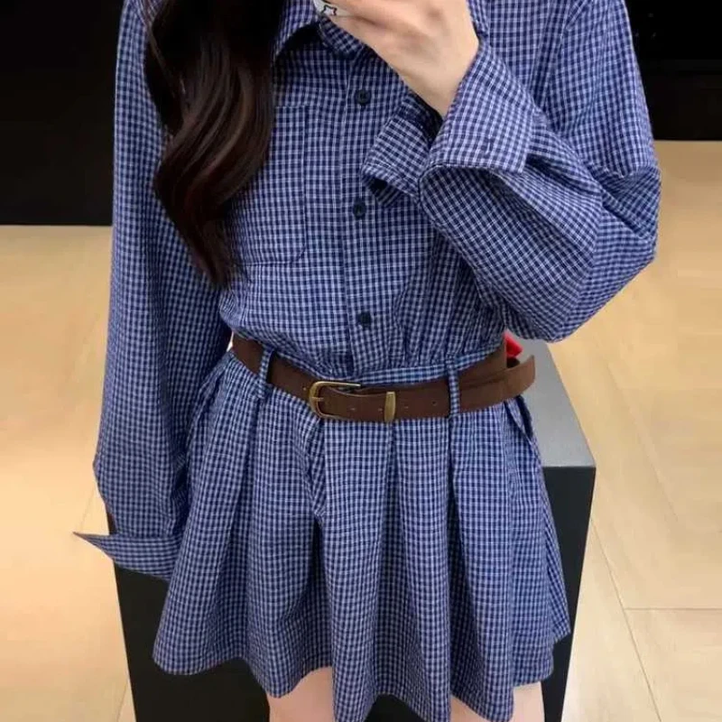 Korean College Style Design, Retro Blue Checkered Long Sleeved Shirt, Pleated Niche Dress