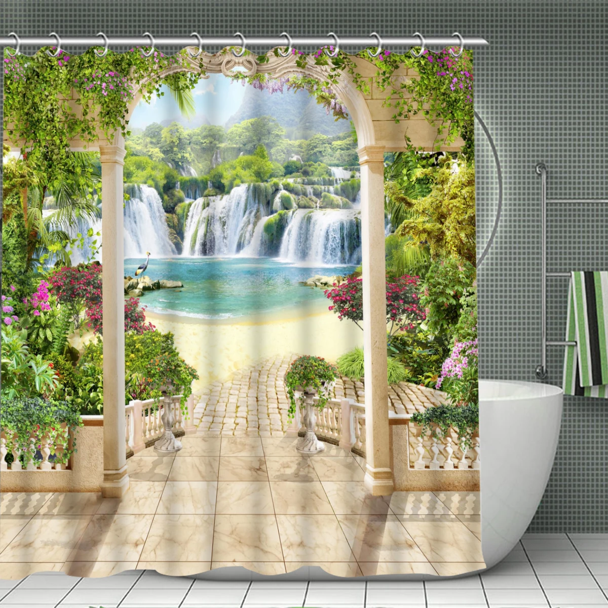 1/4 Piece Shower Curtain Set, Waterproof Bathroom Partition Curtain with Hooks, Anti-Slip Bath Rug, U Shape Mat, Toilet Seat Cov