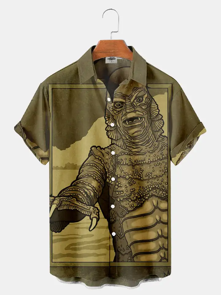 Men's classic sea monster printed shirt summer cool street men's and women's couples style shirt single button lapel short shirt