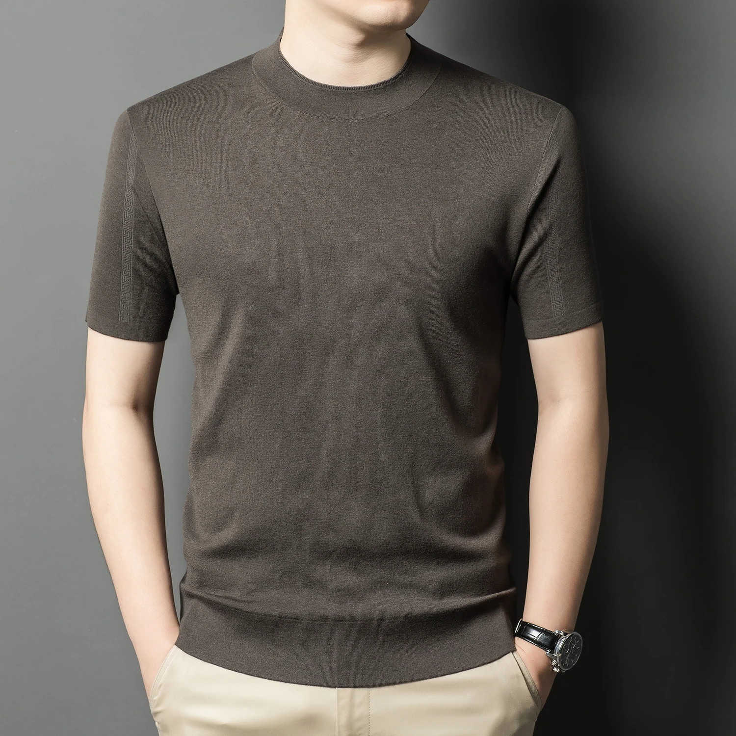 

Spring Men's Mulberry Silk Blended Short Sleeve Knitted Sweater Casual Anti-Pilling T-Shirt High-end Bottom Sweater