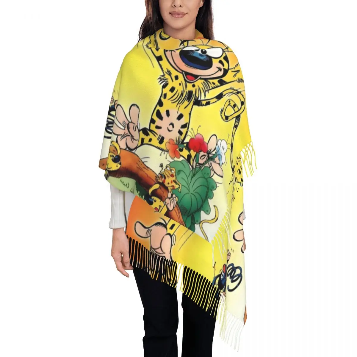 

Стильный шарф с кисточками Marsupilami Happy, женские зимние теплые шали, женские шарфы из анимационных фильмов