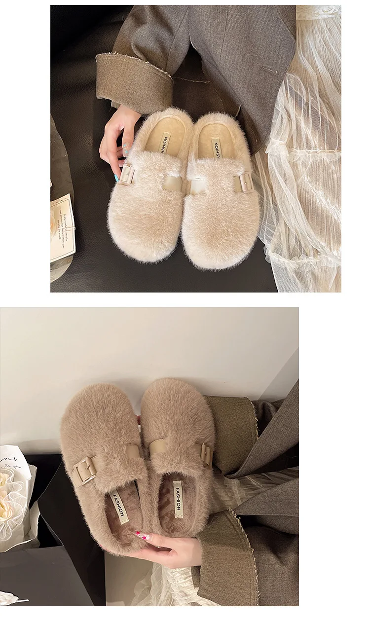 Weiche Teddyfell-Mule-Clogs für Damen, warme Plüsch-Slides für den Winter, flauschige Boken-Schuhe im Markendesign – Detail 4
