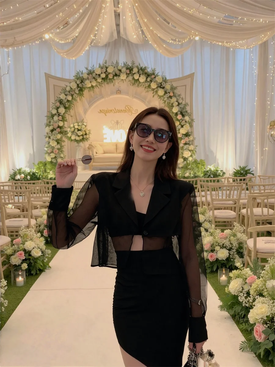 

Sun-proof Cropped See-through Back-Slit Blazers Elegant Woman Clothes For Women Series Knitted Aesthetic Breathable Causal Femme