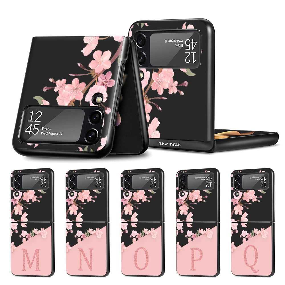 

Case for Samsung Galaxy Z Flip4 Flip3 5G Black Phone Coque Z Flip 4 3 Hard PC Luxury Cover Zflip3 Cherry Blossom Pink Letter