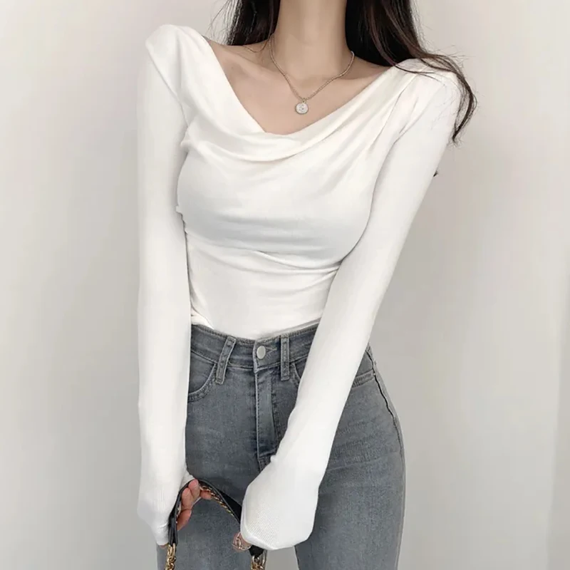 T-Shirts 2023 Autumn Elastic Crop Tops Women T Shirt Cotton Womens Clothes Slim Long Sleeve Tee Shirt Femme Camisetas De Mujer