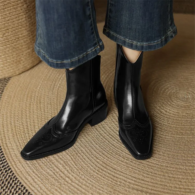 New Autumn Winter Split Leather Women Boot Shoes for Women Square Toe Fashion Brogue Designs Short Boots Handmade Western Boots