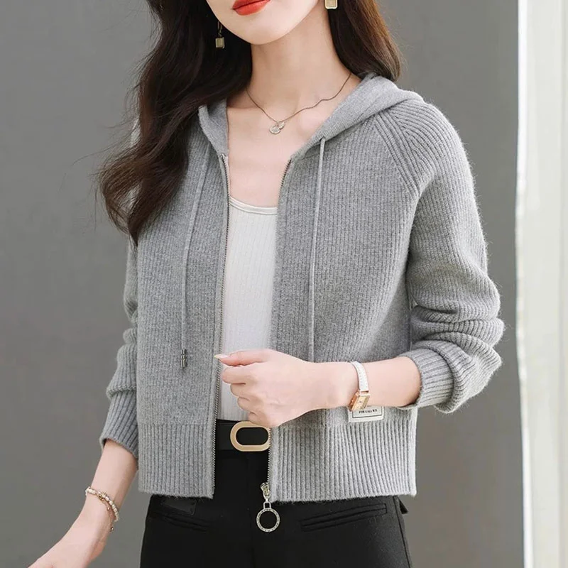 Non-Ball ort Damen-Cardigan mit offener Strickwaren, lässig, lockere Passform, lange Sve-Kapuze, Jaet-Herbst-Oberbekleidungsmantel