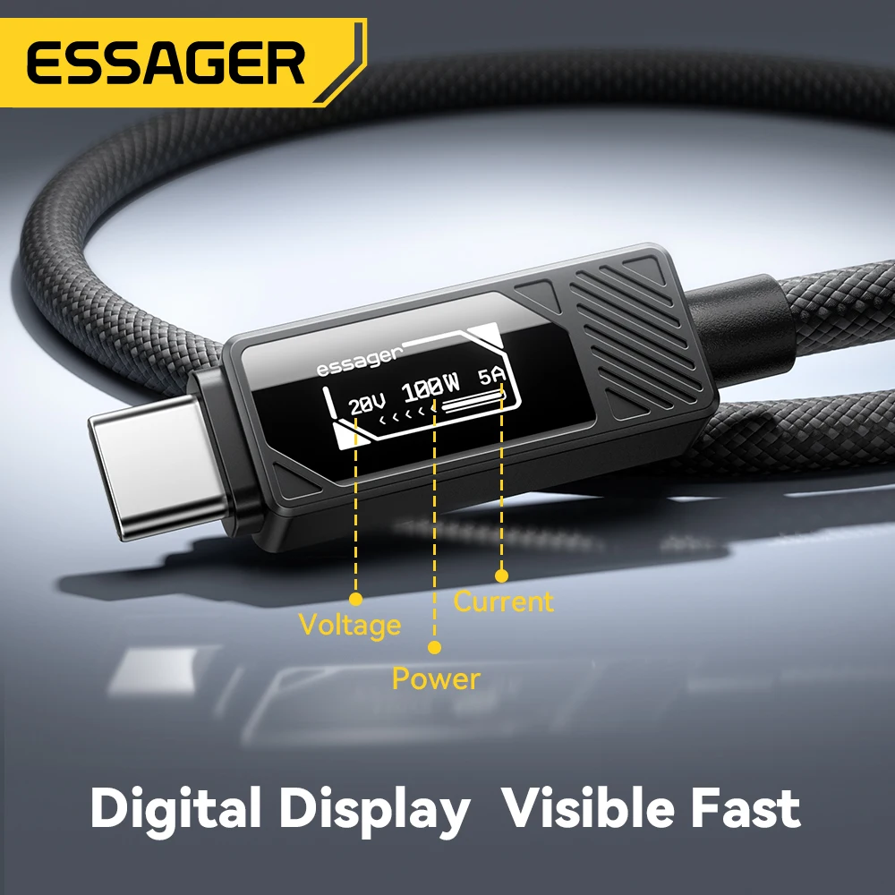 ESSAGER 100W Type C to C Cable With Digital Display PD Fast Charging Cable for MacBook Pro/Air iPhone 17/16/15 iPad USB C Cable