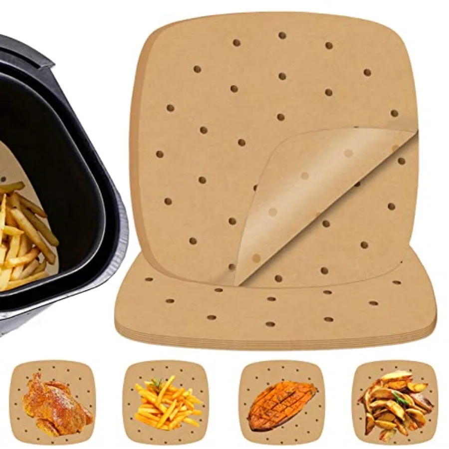 100 Pcs Air Fryer Liners Disposable Parchment Paper, 8 Inch Perforated Airfryer Sheets for Baking, Square Non-Stick Steamer Lin