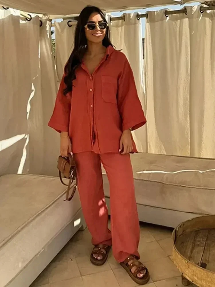 

Женские элегантные брюки с лацканами, комплекты из 2 предметов, шикарная рубашка с длинными рукавами и карманами, свободные широкие брюки, комплекты 2025, уличная одежда, наряд