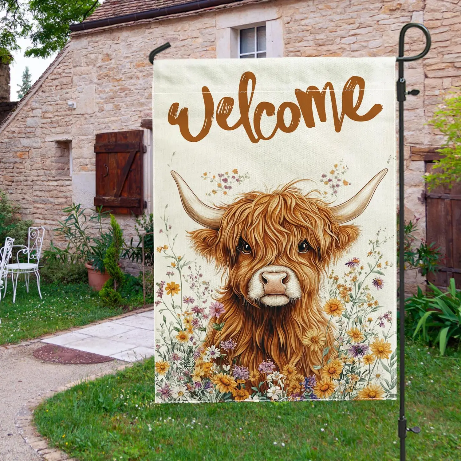 Spring Floral Highland Cows Front Yard Backyard Burlap Garden Flags Garden Flags 12x18 Double Sided for Outside, Funny Bulls uui