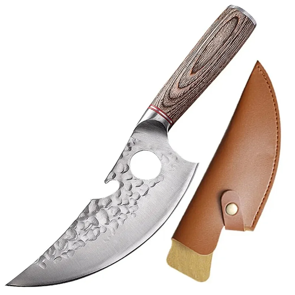 Stainless Steel Boning Knife Japanese Butcher Knife Meat Cleaver with Wooden Handle and Leather Sheath for Gifts