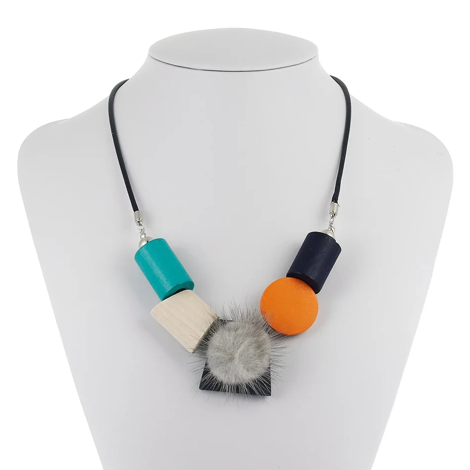 Autumn and winter geometric wood necklace, female retro ethnic style handmade pendant, necklace ornament, pom-pom popular jewelr