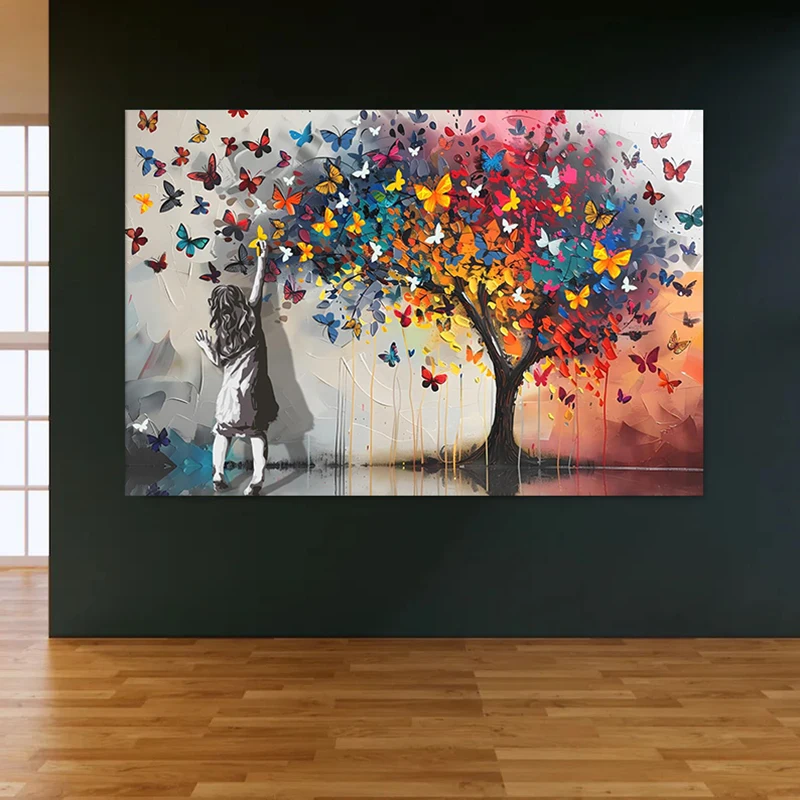 Banksy Street Graffiti Kunst Leinwandgemälde, Schmetterlingsmädchen Poster und Drucke Wandkunst Bilder für Wohnzimmer Heimdekoration