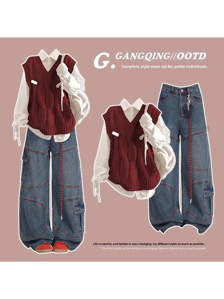 

Cool College Sle Red Vest Set Women's Faion Casual Outfit Autumn Commuting Wear Two-Piece Suit Ne Long Sve