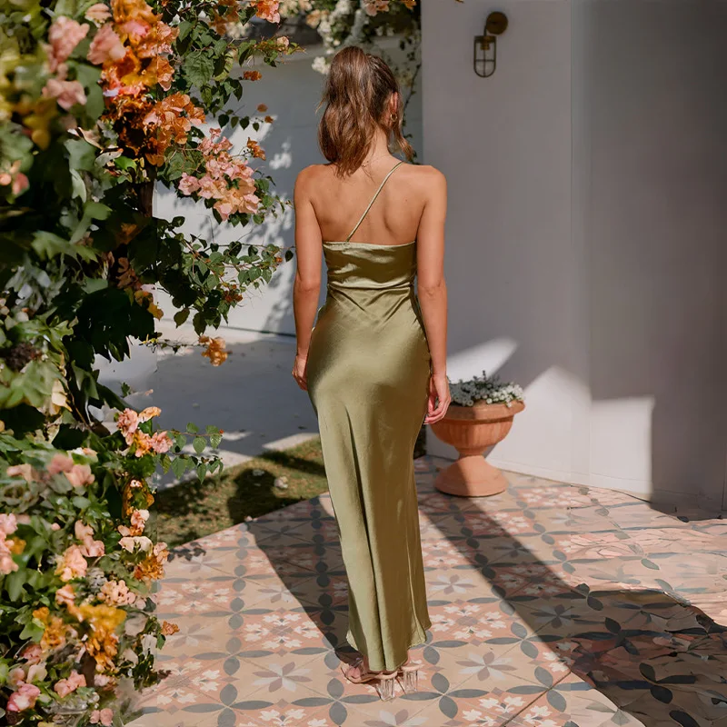 ICCLEK Maxi Dress - Olive One Shoulder Maxi Bodycon Dress Bridesmaid Dress Wedding Bridal Party Wear A-Line For Women