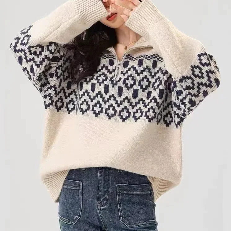 

2024 New Korean Retro Splicing Long Sleeve Big Collar Loose Knitted Sweater