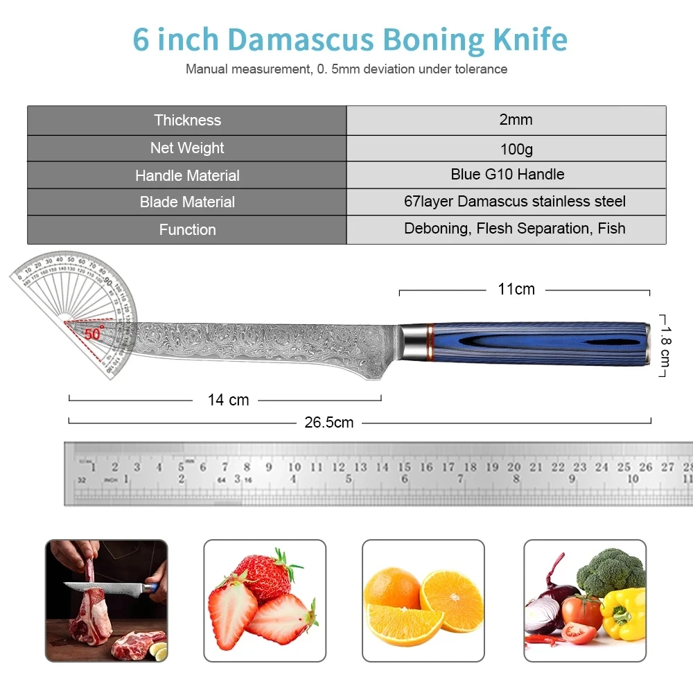 Japanese Boning Knife 5.5-inch Pro Grade Boning Fillet Knife Blue G10 Handle Damascus Steel Forged Knife for Meat,Fish,Deboning