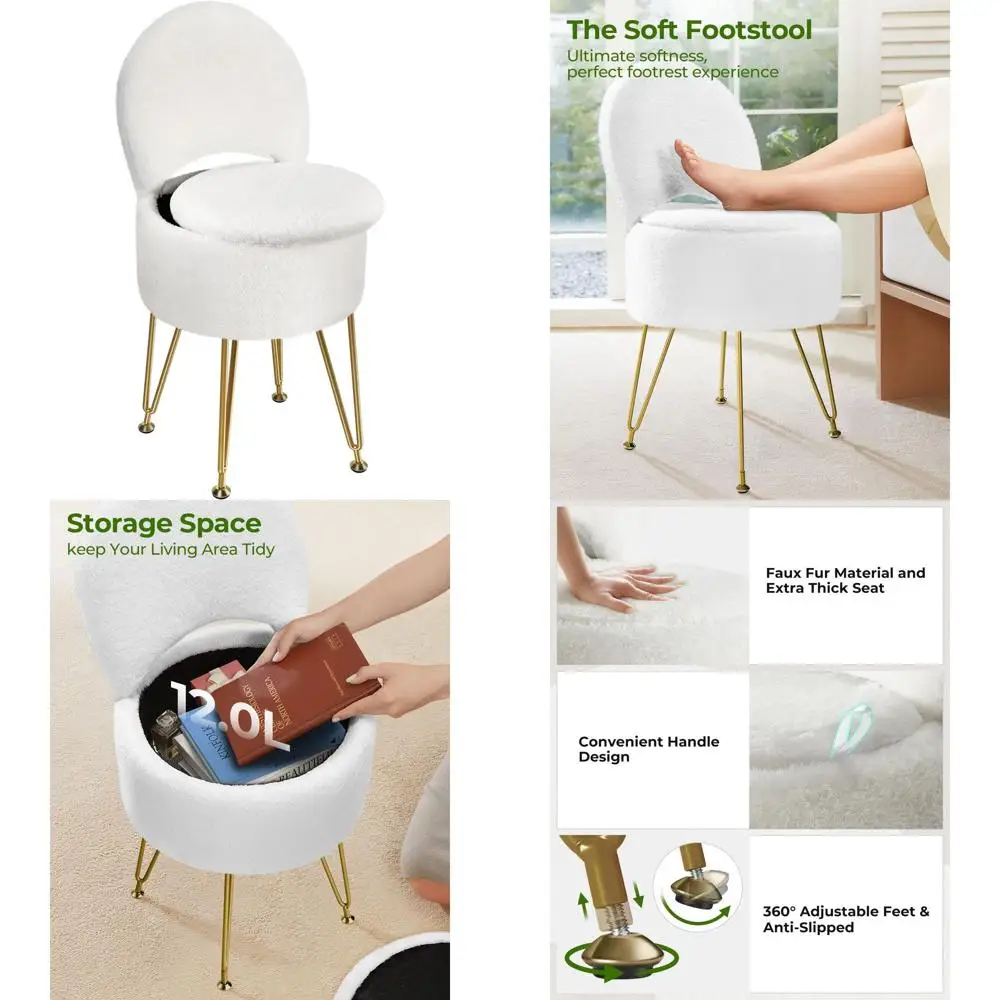 

White Vanity Stool with Storage, Padded Seat, Metal Legs, Anti-Slip Feet, Suitable for Makeup and Bedroom Use